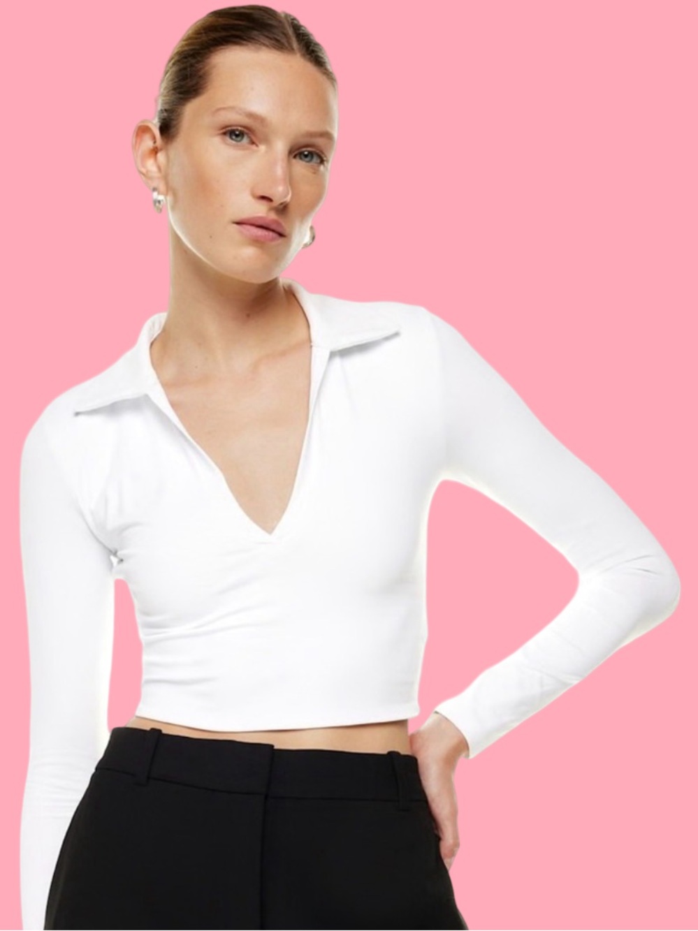 ARITZIA BABATON White Long-Sleeve V-Neck Polo Crop Top  White XXS